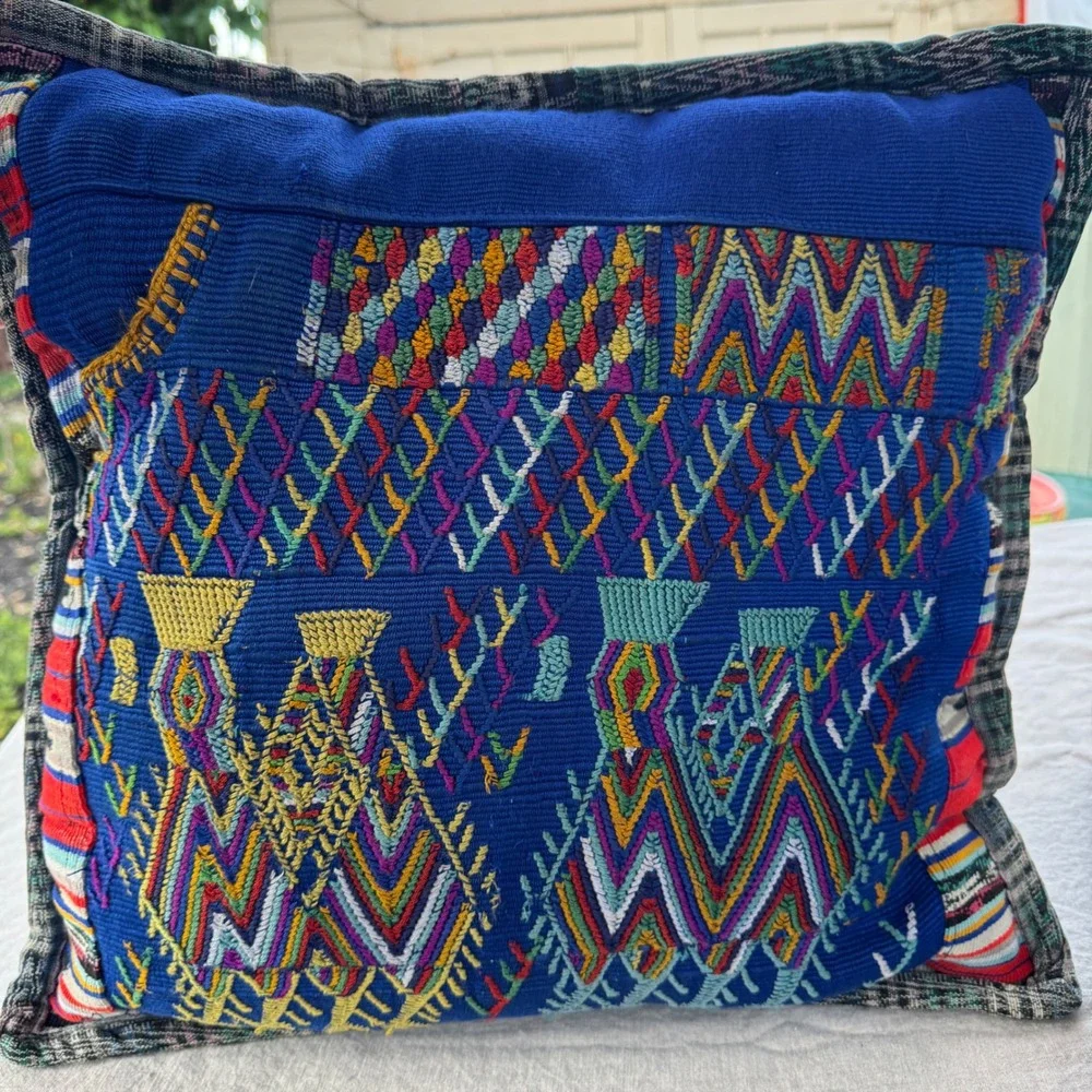 Vintage Guatemalan Maya Textile Pillows 2pc set Blue Hand Embroidered Huipil 17